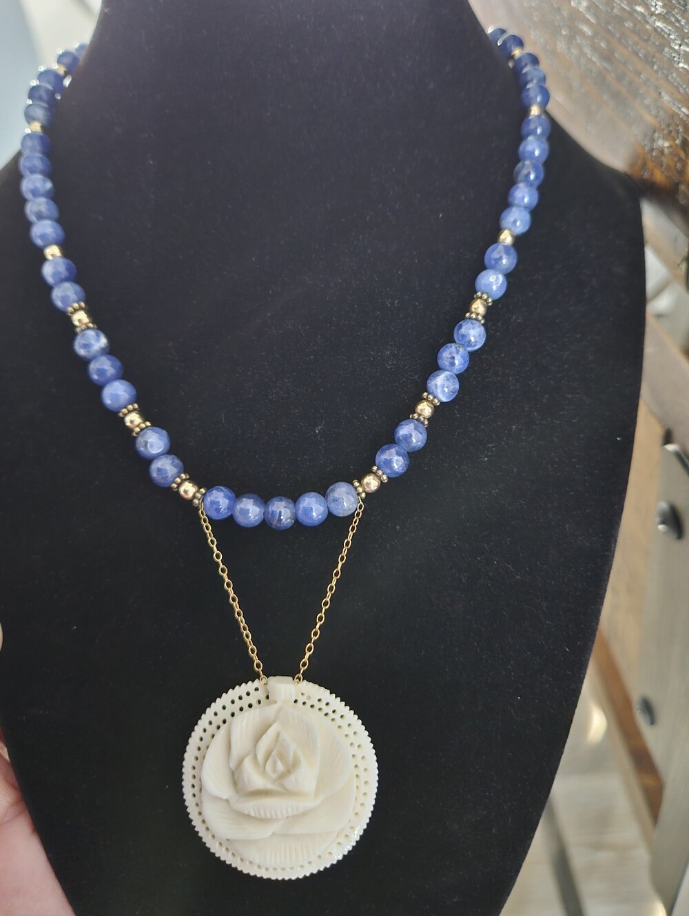 Vintage Statement Necklace with Carved Floral Pendant & Vibrant Blue Gemstone